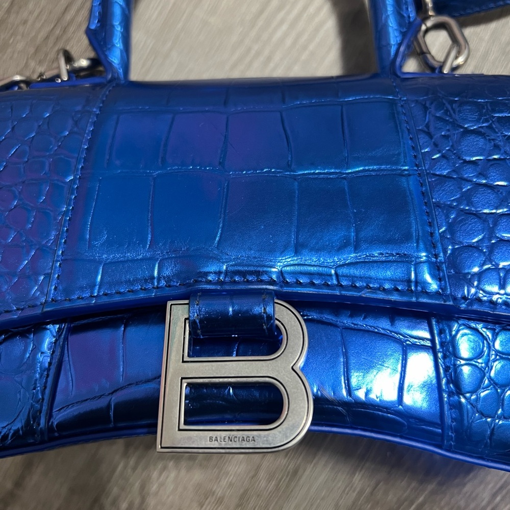 Balenciaga Blue Hourglass XS Croc-Embossed Handbag - Picture 2 of 10
